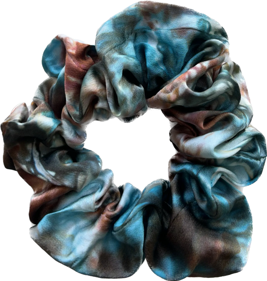 100% Silk Hand-Dyed Scrunchie- "Turquoise & Rust Marbled" Amber Waves KS