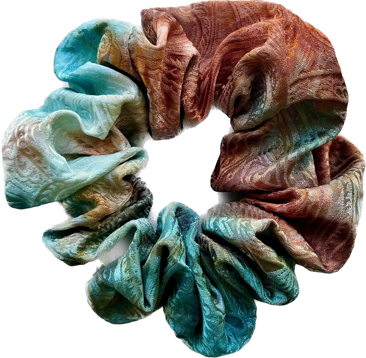 100% Silk Hand-Dyed Scrunchie- “Turquoise & Rust Marbled" Jacquard Amber Waves