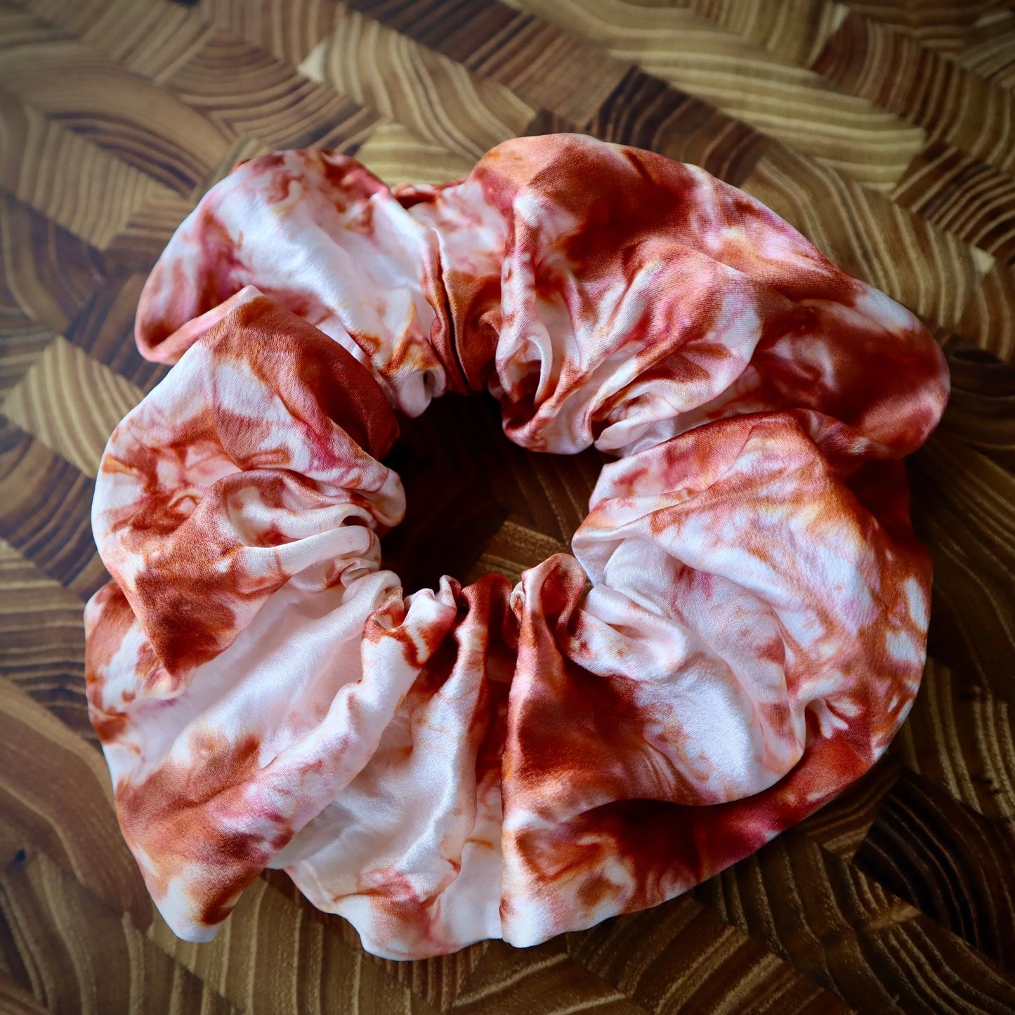 100% Silk Scrunchie | Hand-Dyed Mulberry Silk | "Rust & White Marbled" Amber Waves KS