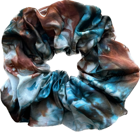100% Silk Hand-Dyed Scrunchie- "Turquoise & Rust Marbled" Amber Waves KS