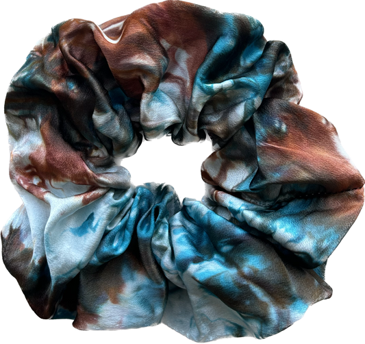 100% Silk Hand-Dyed Scrunchie- "Turquoise & Rust Marbled"