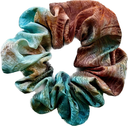 100% Silk Hand-Dyed Scrunchie- “Turquoise & Rust Marbled" Jacquard Amber Waves