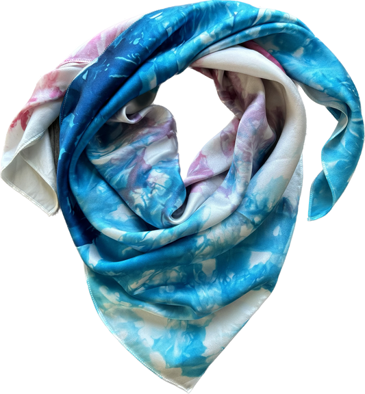 Imperfect 100% Charmeuse Silk Wild Rag- "Red & Blue Marbled" (36")