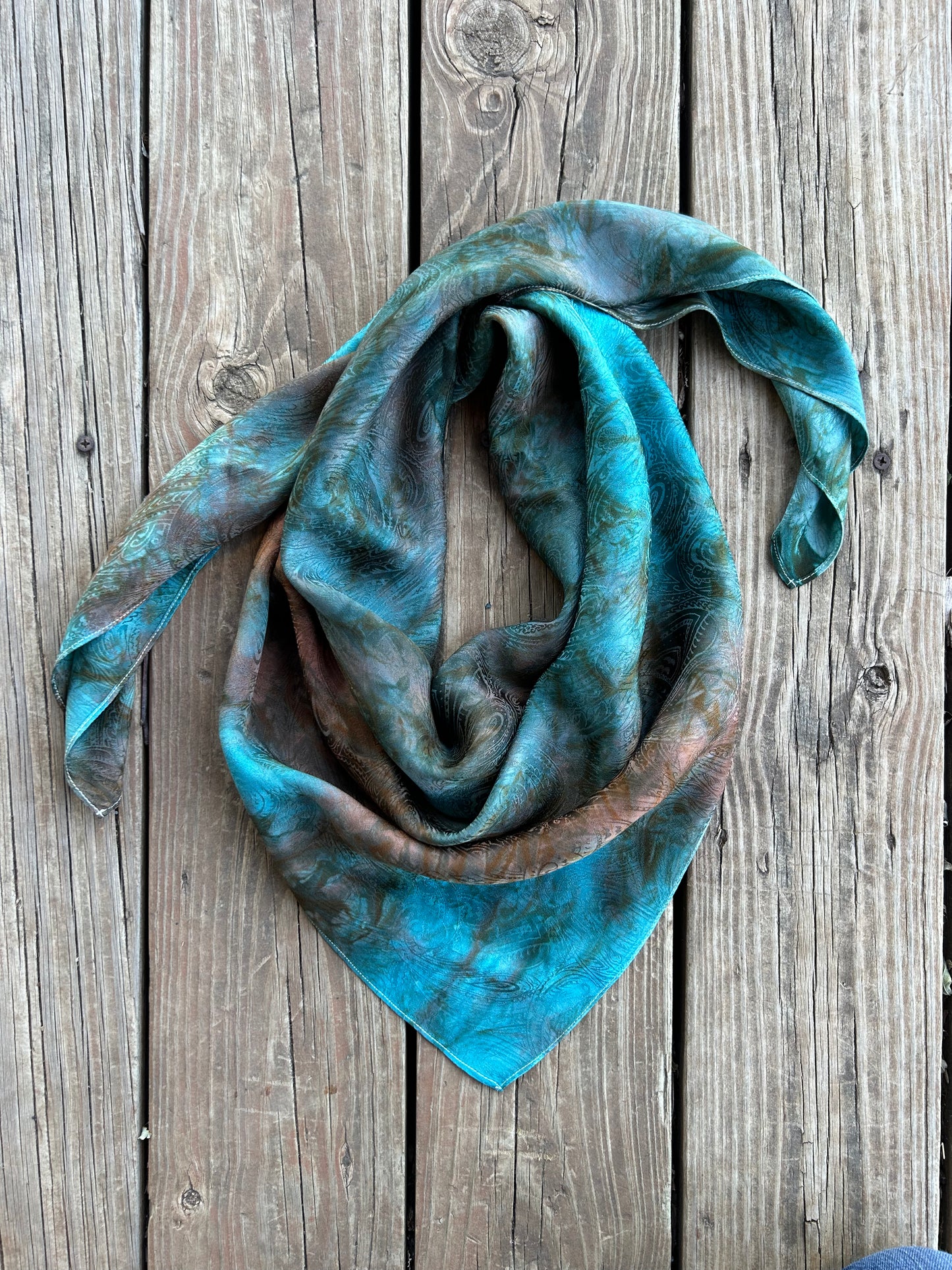 "Turquoise and Rust"- 100% Jacquard Silk Wild Rag