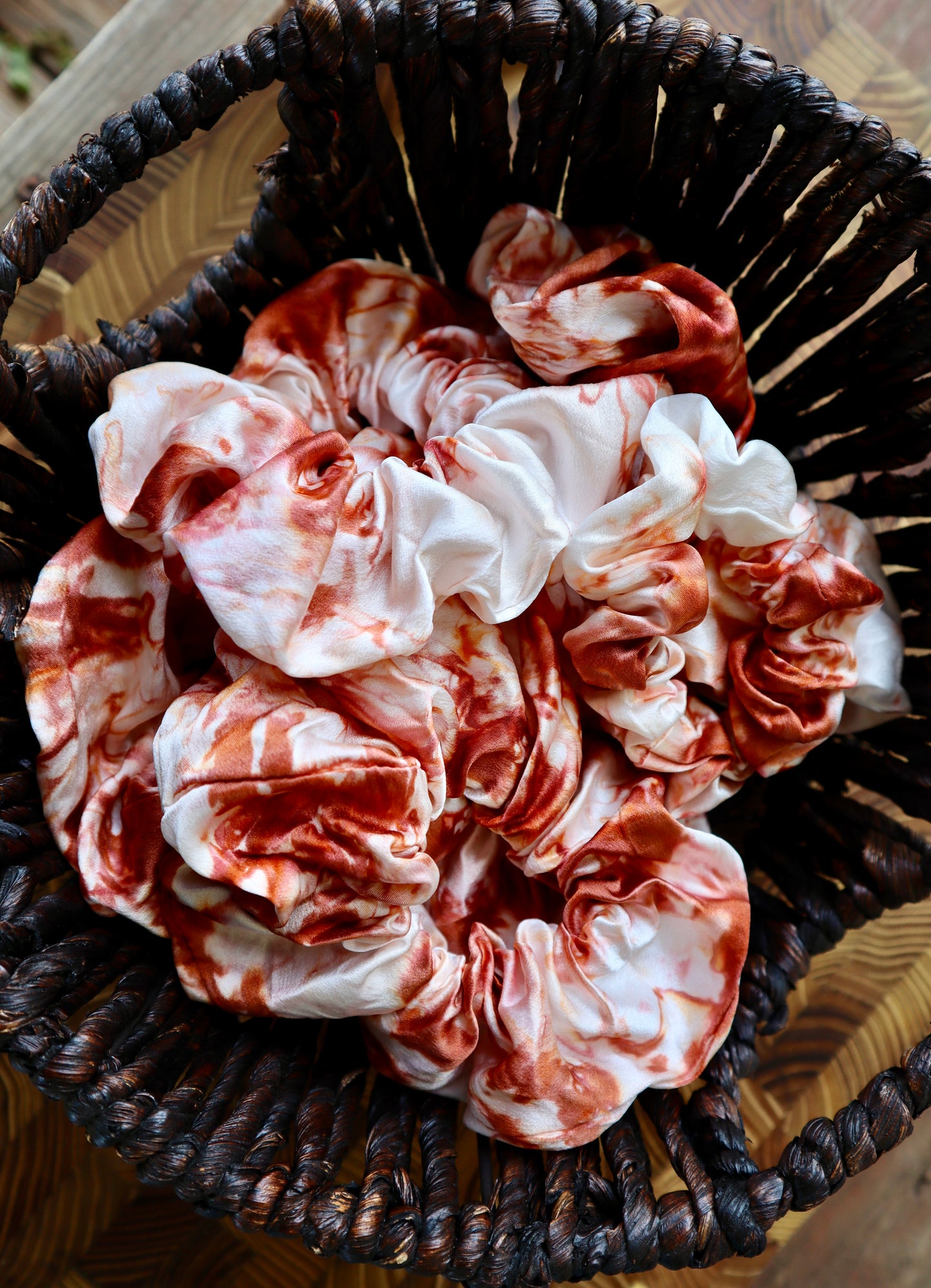 100% Silk Scrunchie | Hand-Dyed Mulberry Silk | "Rust & White Marbled"