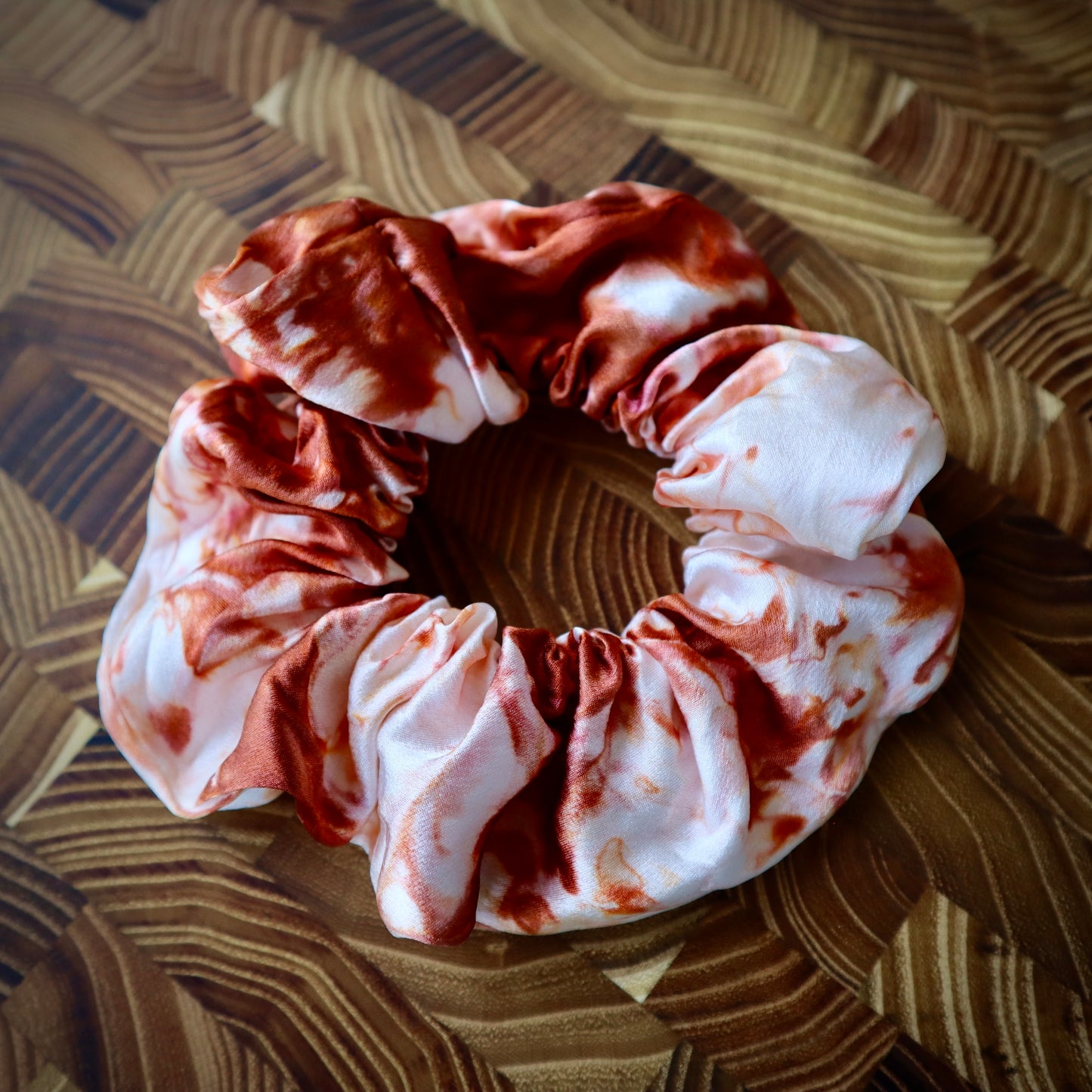 100% Silk Scrunchie | Hand-Dyed Mulberry Silk | "Rust & White Marbled"