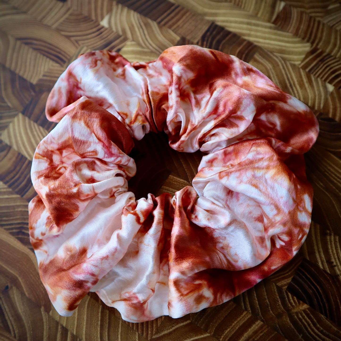 100% Silk Scrunchie | Hand-Dyed Mulberry Silk | "Rust & White Marbled"