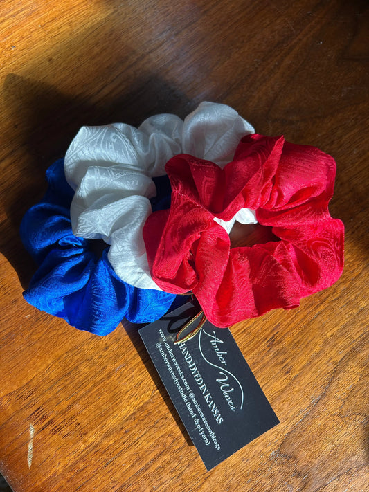 100% Silk Scrunchie Set | Hand-Dyed Mulberry Silk | America's 250th- Red, White, & Blue